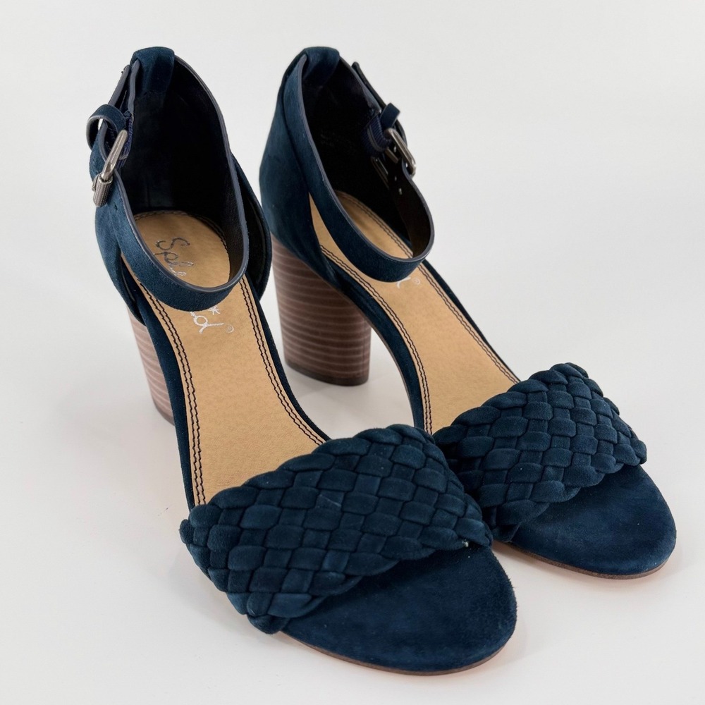 SPLENDID Taro Woven Ankle Strap Sandals Navy Suede Block Heel Shoes Women Size 9